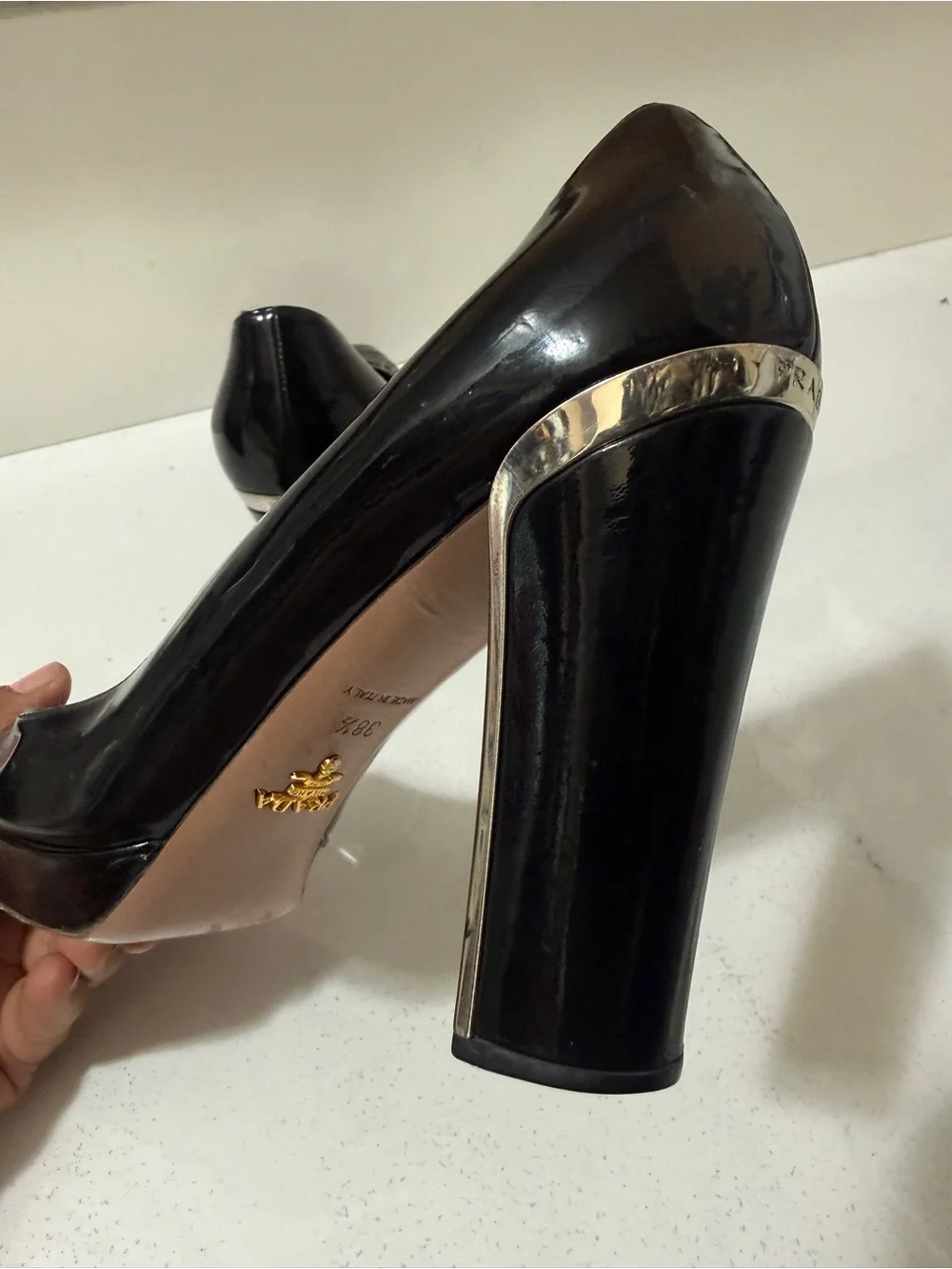 Prada Black Patent Peep-Toe Heels. Chic and very comfy, perfect for wider feet